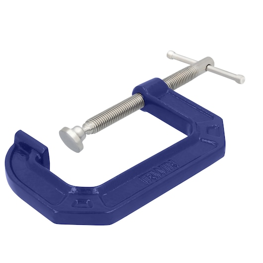 IRWIN 225104 blue C-clamp, metal construction, side angle, white background.