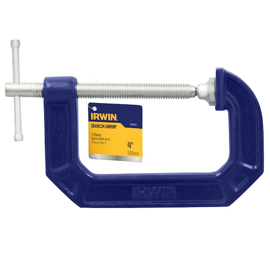 Irwin 225104 blue C-clamp, metal screw handle, front angle, white background.
