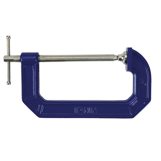 IRWIN blue C-clamp, metal screw clamp tool, side view, SKU 225106, white background.
