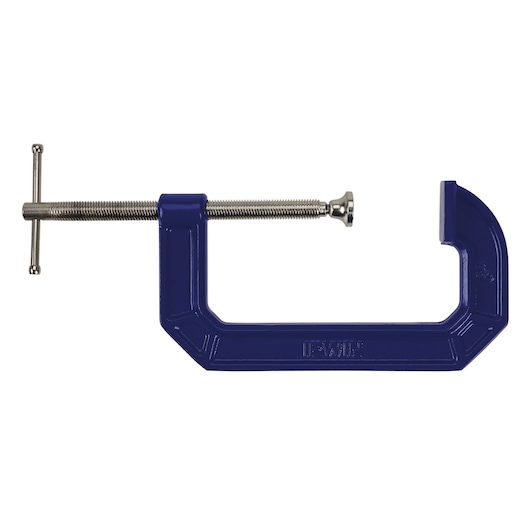 IRWIN 225106 blue C-clamp with metal screw, side view on white background.