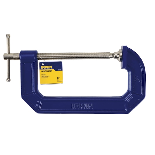IRWIN 225106 blue C-clamp, 6-inch, side view on white background.