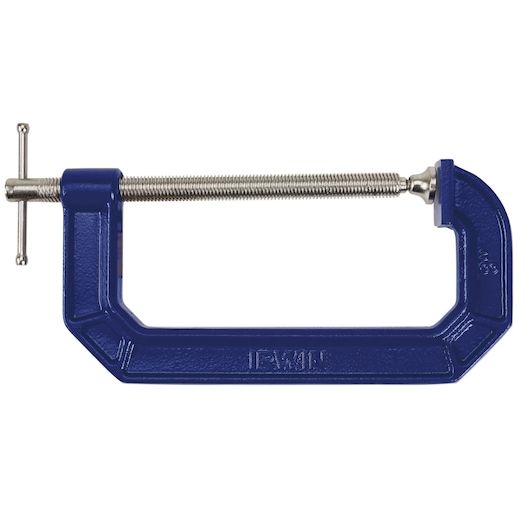Photo of IRWIN 225108 blue C-clamp with metal screw, side angle on white background, hand tool category.