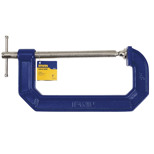 IRWIN 225108 blue C-clamp, 8 inch, metal screw, side view on white background.