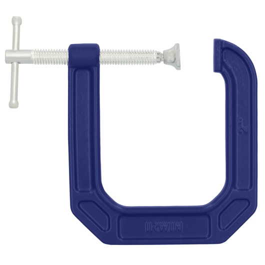 Photo of IRWIN 225123 blue metal C-clamp, side angle, with silver screw and handle on white background.