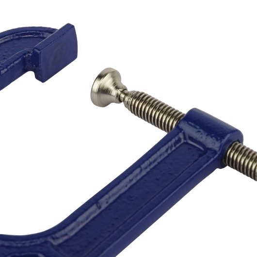 Photo of IRWIN blue metal C-clamp, SKU 225123, side angle on white background.