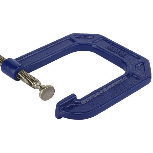 IRWIN 225123 C-clamp in blue metal finish, side angle, with threaded screw and swivel pad.