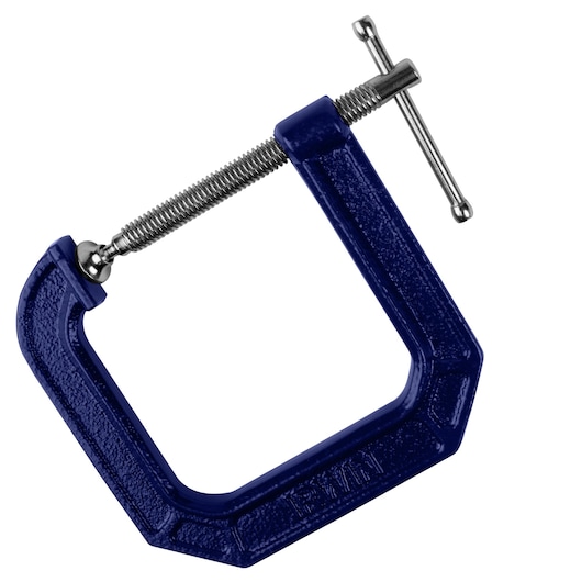 Photo of IRWIN 225134 C-clamp with blue cast iron frame and silver screw, side angle on white background.