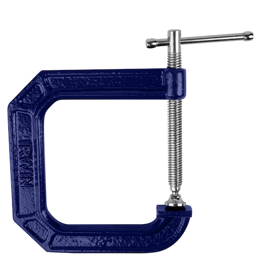 IRWIN 225134 blue C-clamp with metal screw, side view on white background, photography clamp tool.
