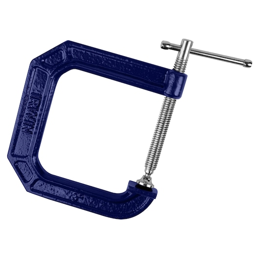 IRWIN 225134 blue C-clamp with silver screw on white background, product photography, front angle.