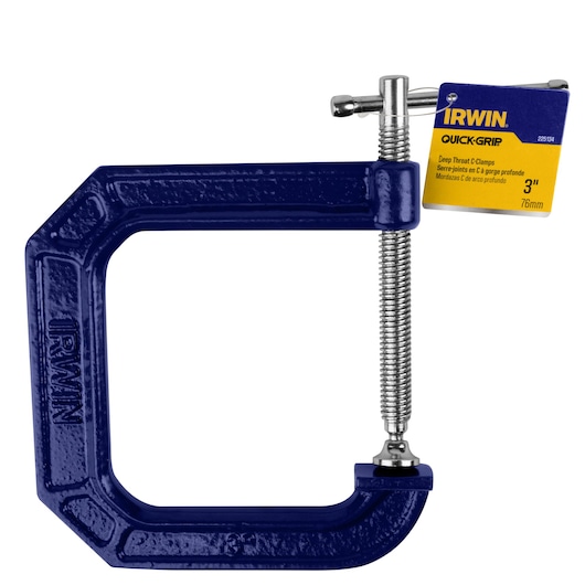 IRWIN 225134 blue deep throat C-clamp, 3 inch, shown from the side on white background.