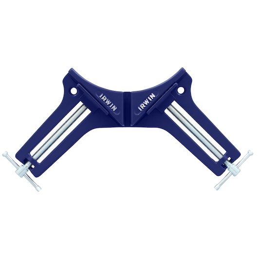 Photo of IRWIN 226200 blue angle clamp with dual screw handles on a white background, photography product.
