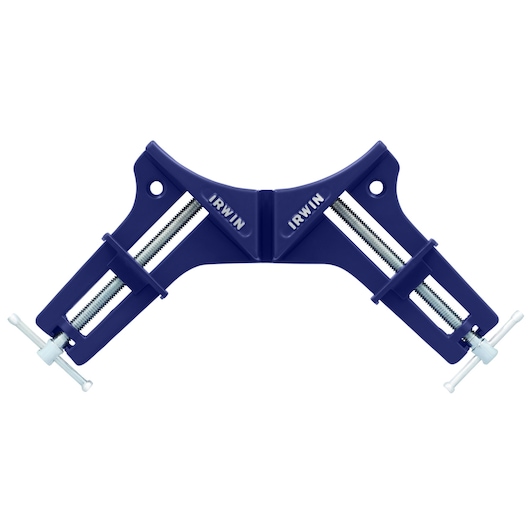 Photo of IRWIN 226200 corner clamp with blue metal frame and silver screws, front angle on white background.