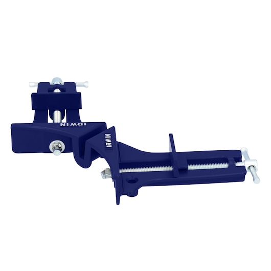 Photo of IRWIN 226200 corner clamp with adjustable screw mechanism, blue metal, front angle, white background.