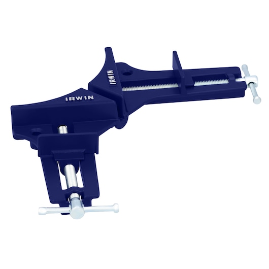 Photo of IRWIN 226200 corner clamp with blue body and silver screws, front angle on white background.