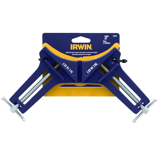 IRWIN 3 inch corner clamp 226200, blue and silver, front angle on white background.