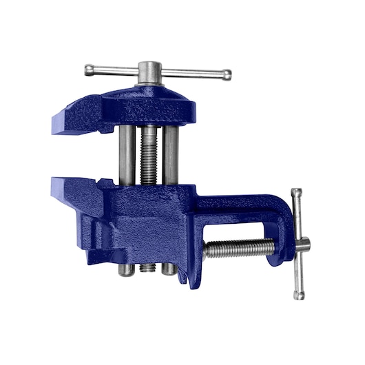 IRWIN 226303ZR blue bench vise side view on white background, showing metal handles and screw mechanisms.