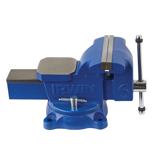 IRWIN 226306ZR bench vise, blue heavy-duty metal, side angle on white background.