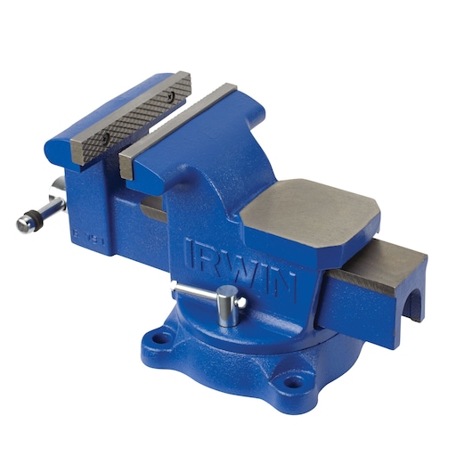 IRWIN 226306ZR blue bench vise with steel jaws and swivel base, product photography on white background.