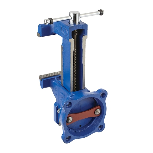 IRWIN 226306ZR pipe clamp in blue, front angle, metal construction with T-handle and jaw assembly.