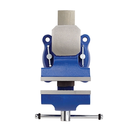 Photo of IRWIN blue bench vise with silver jaws, SKU 226306ZR, front view on white background.