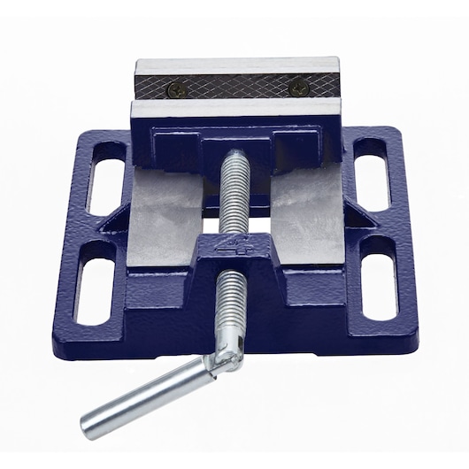 IRWIN 226340 blue metal bench vise, front angle, with silver handle and screw on white background.