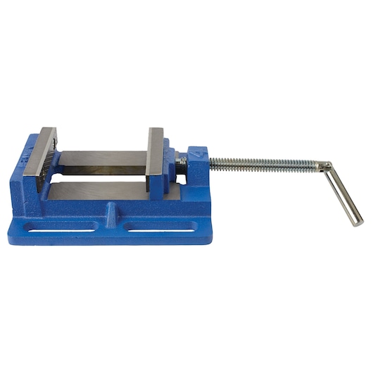IRWIN 226340 blue steel bench vise, front angle on white background, photography of hand tool.
