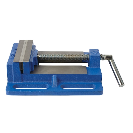 Photo of IRWIN 226340 blue bench vise with silver jaws and handle, side angle on white background.