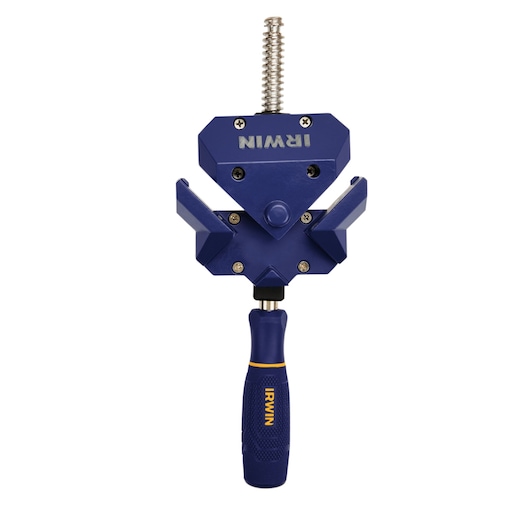IRWIN 226410 photography of blue adjustable corner clamp with ergonomic handle, front angle on white background.