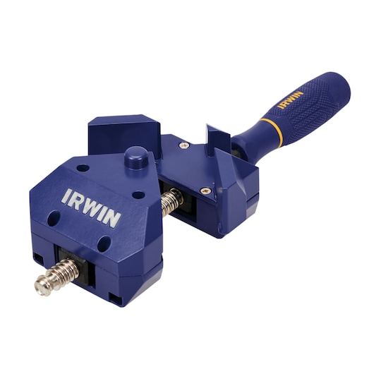 Photo of IRWIN 226410 blue corner clamp with textured handle, angled view on white background.