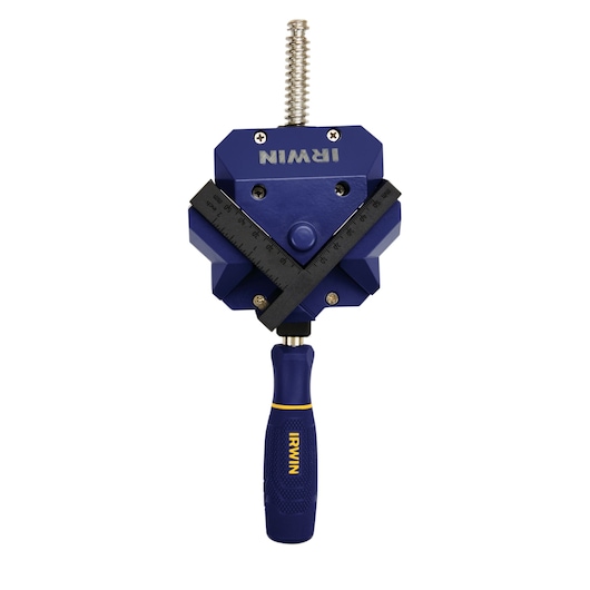 Photo of IRWIN 226410 corner clamp with blue and yellow handle, black metal jaws, front angle, on white background.