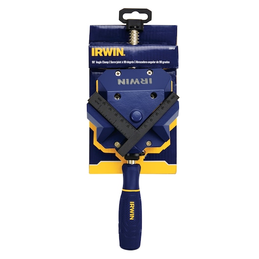IRWIN 90-degree angle clamp with blue and yellow handle, SKU 226410, front view on white background.