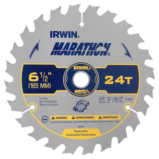 IRWIN circular saw blade, 6-1/2 inch diameter, 24 teeth, Marathon series, SKU 24029CL, front angle on white.