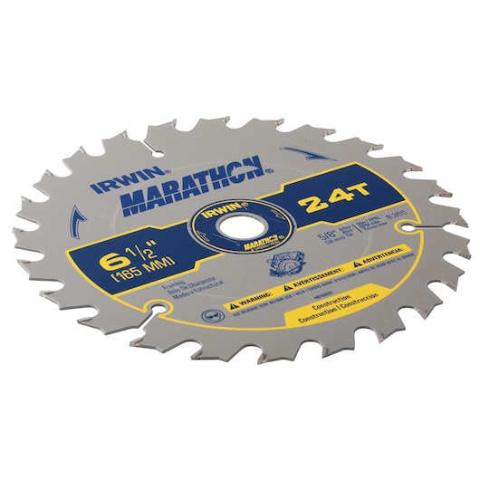 IRWIN Marathon 6-1/2 inch 24T circular saw blade, SKU 24029CL, silver blade with blue and yellow label, front angle.