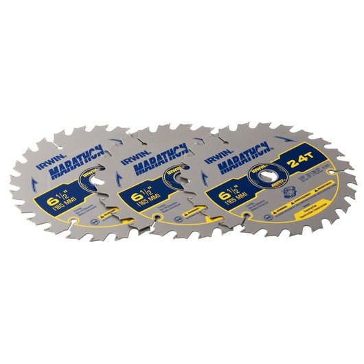 IRWIN 24029CL circular saw blades 3-pack, 6-1/2 inch diameter, silver with blue and yellow labels, front angle.