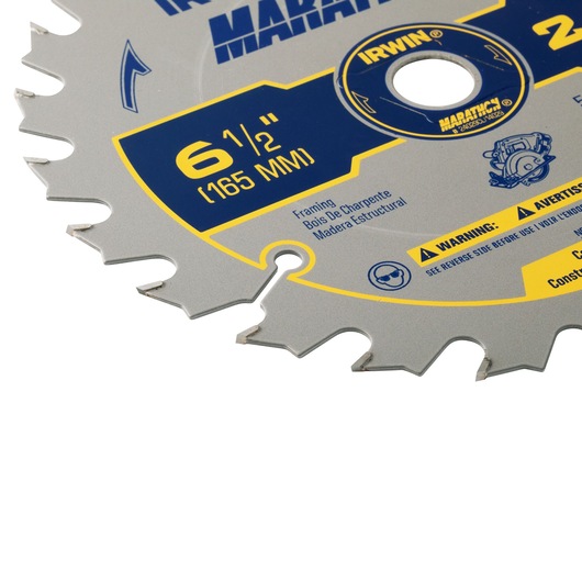 IRWIN 24029CL circular saw blade, silver and blue, 6-1/2 inch, close-up angle on white background.