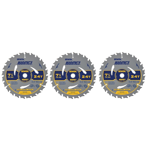 Photo of IRWIN circular saw blade 24030, silver with blue and yellow details, Marathon series, angled on white background.
