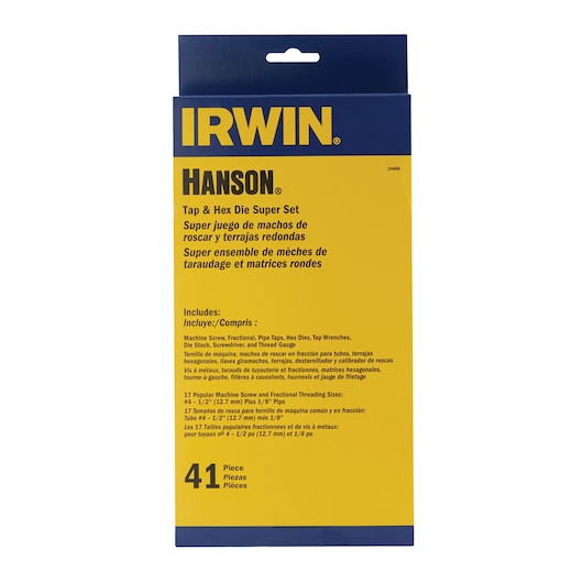 IRWIN Hanson tap and hex die super set box, yellow and blue packaging, front angle, SKU 24606.