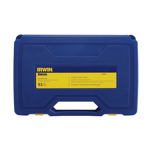 IRWIN 24640 tap and die set case in blue plastic, yellow label, front view, 53 pieces.