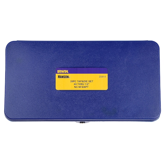 IRWIN 25914 tap and die set case, rectangular blue box with yellow and purple label, top view.