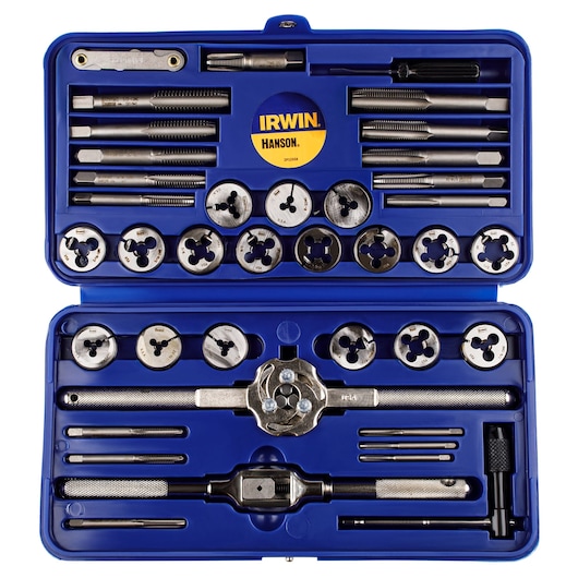 Photo of IRWIN tap and die set 25914 in blue case, organized with taps, dies, and handles.