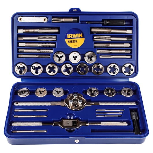 IRWIN tap and die set 25914 in blue plastic case, assorted taps, dies, and handles organized in slots, top-down view.