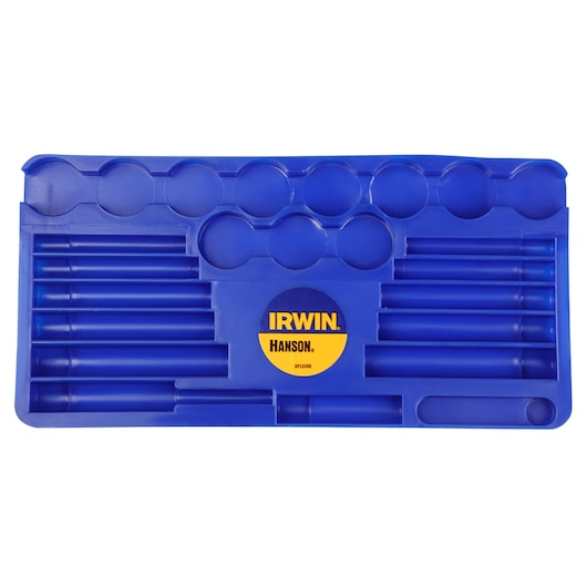 IRWIN 25914 blue plastic organizer tray for drill bits, top-down angle on white background.