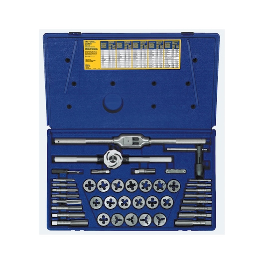 IRWIN 25941 tap and die set with assorted taps, dies, and handles arranged in a blue plastic case, top view.