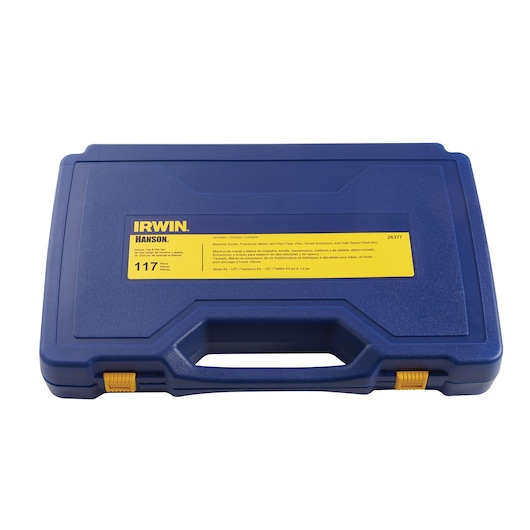 IRWIN 26377 drill bit set case, blue plastic with yellow label, top view on white background.
