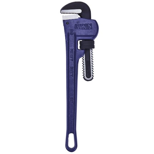 IRWIN 274101 heavy duty pipe wrench, blue steel with adjustable serrated jaw, front angle on white background.