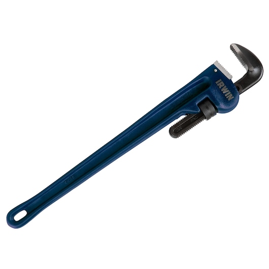 IRWIN 274107 blue steel pipe wrench with adjustable jaw, top angle on white background.