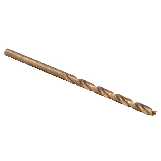 Photo of IRWIN 3016007 gold twist drill bit, side angle on white background.