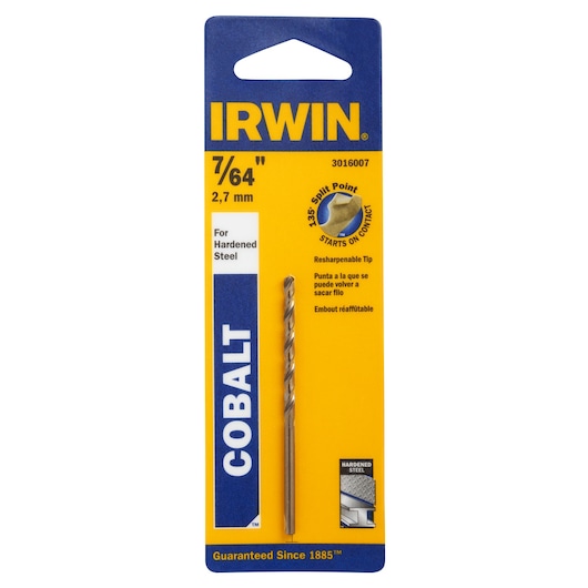 IRWIN cobalt drill bit 7/64 inch, 3016007, in retail packaging, front view on white background.