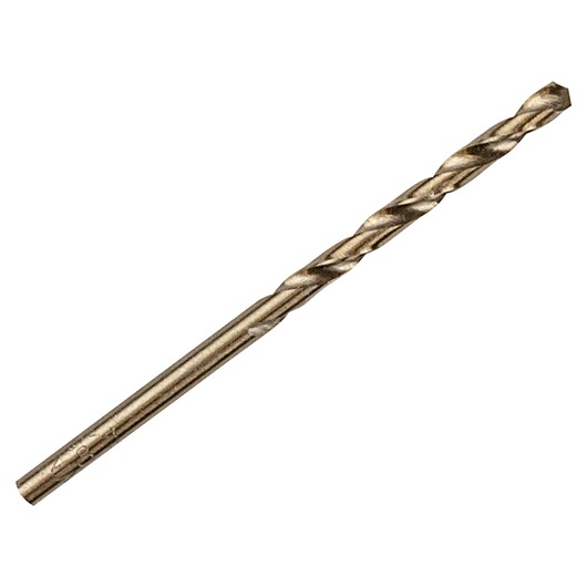 Photo of IRWIN 3016009 metal drill bit, gold finish, spiral flute, side angle, white background.