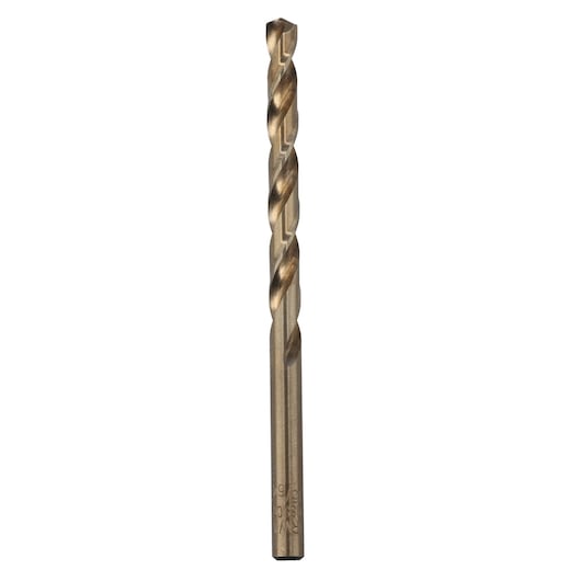 IRWIN 3016015 gold metal drill bit, straight-on view, spiral flute design, white background.